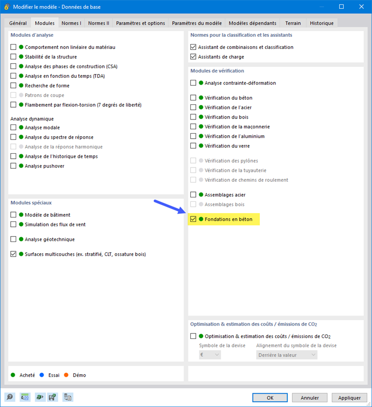 Activer le module complémentaire « Fondations en béton »