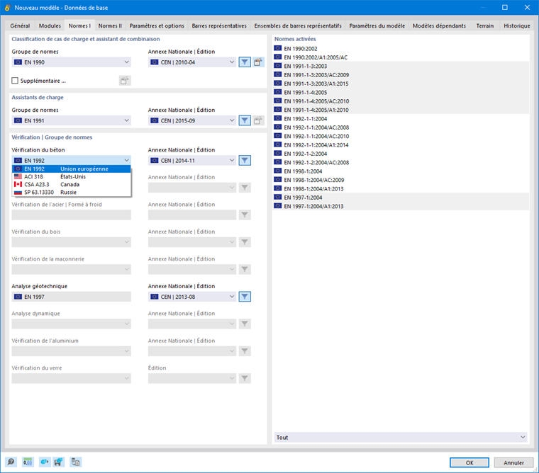 Affichage des options pour la sélection des normes pertinentes pour la vérification des fondations en béton.