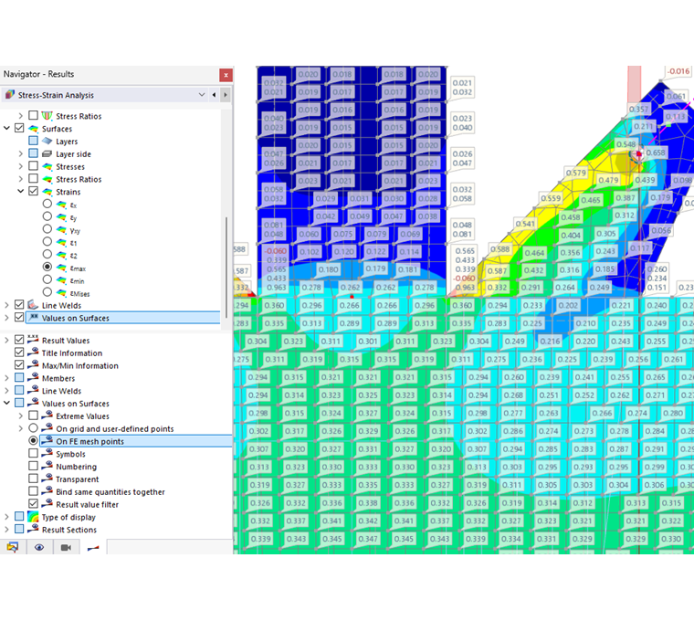Affichage des valeurs de contrainte principale σ1 aux points de la maille EF
