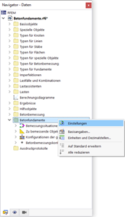 Menu contextuel de la catégorie « Fondations en béton » dans le navigateur