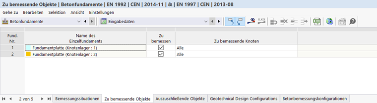Fondations en béton | Objets à calculer Tableau