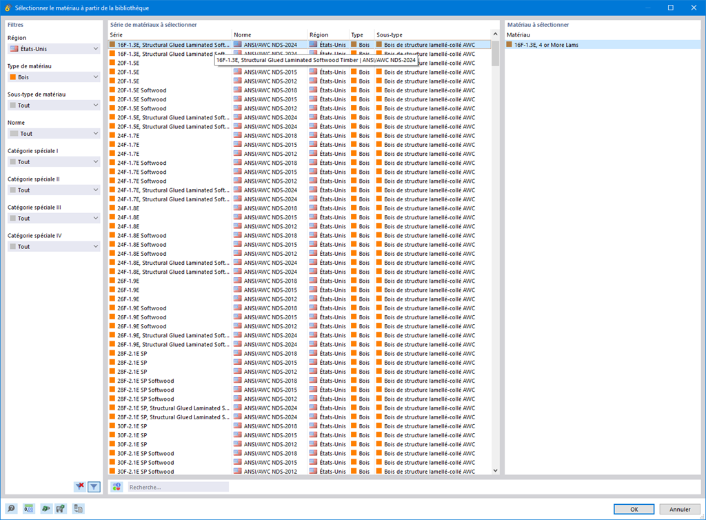 Fonctionnalité 002830 | Matériaux de bois selon la norme américaine ANSI/AWC NDS-2024
