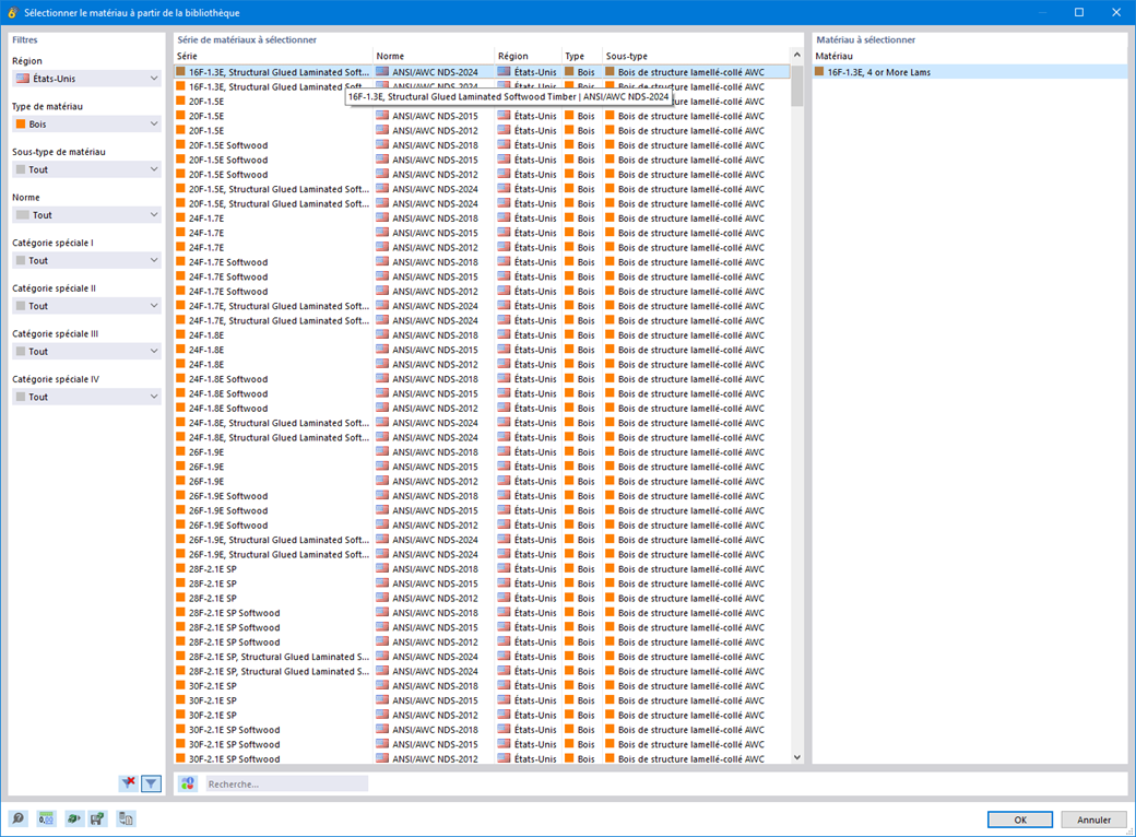 Fonctionnalité 002830 | Matériaux de bois selon la norme américaine ANSI/AWC NDS-2024