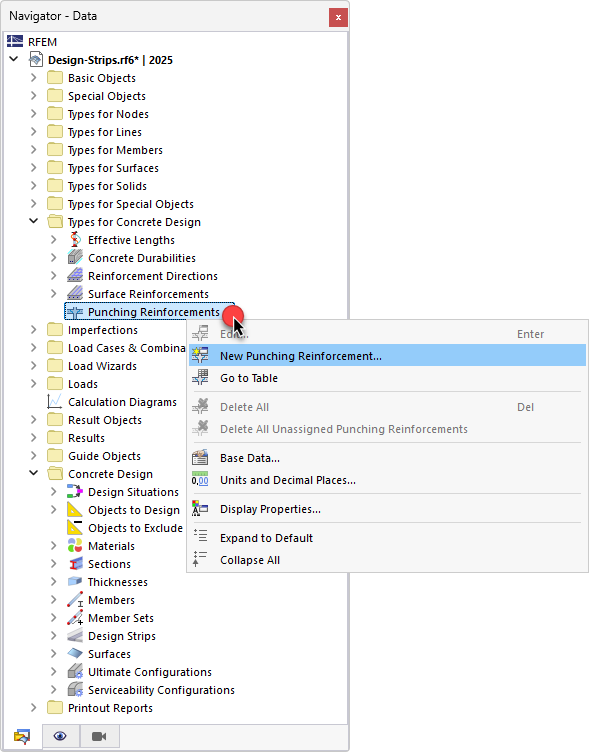 Définir l’armature de poinçonnement via le menu contextuel du navigateur