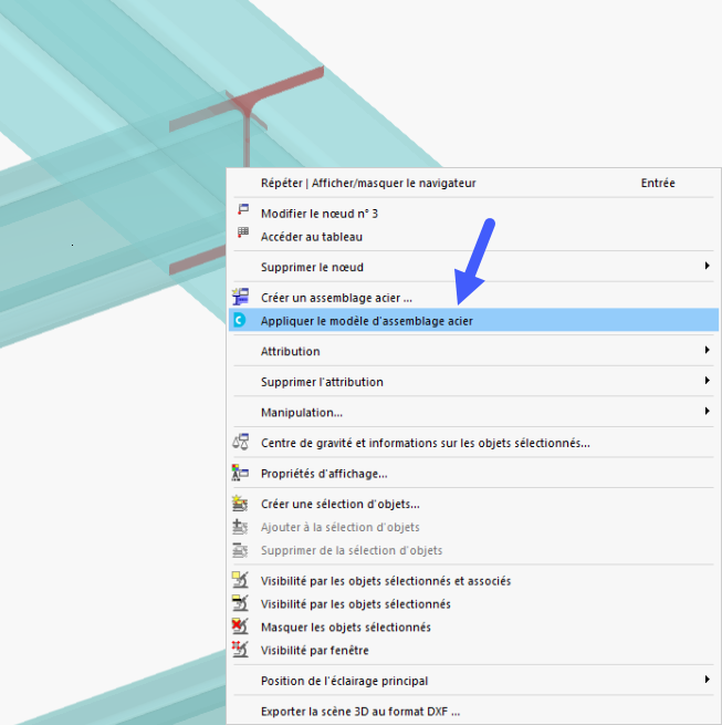 Sélectionner un modèle type dans le menu contextuel du nœud