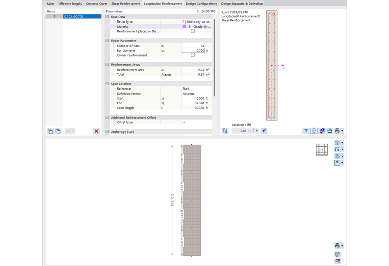 Définir l'armature longitudinale pour la barre de résultats