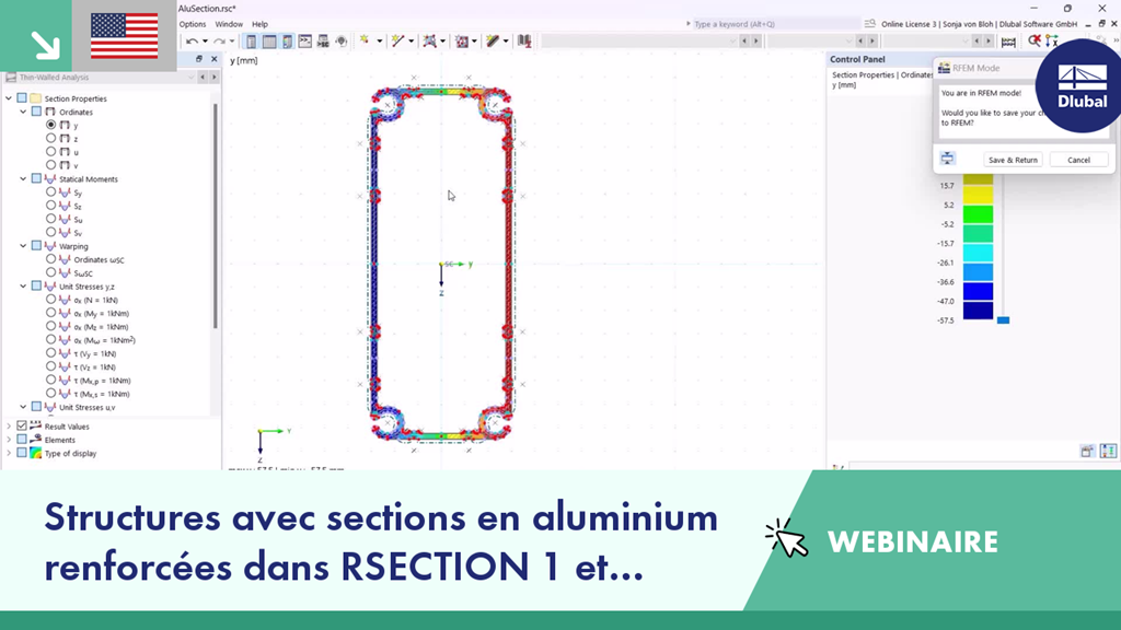 Illustration de l’analyse des sections en aluminium renforcées dans RSECTION 1 et RFEM 6 utilisées lors dans le webinaire.
