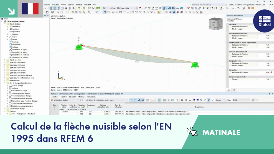 Visualisation de la flèche nuisible calculée conformément à l'EN 1995 en utilisant RFEM 6 pour l'analyse.