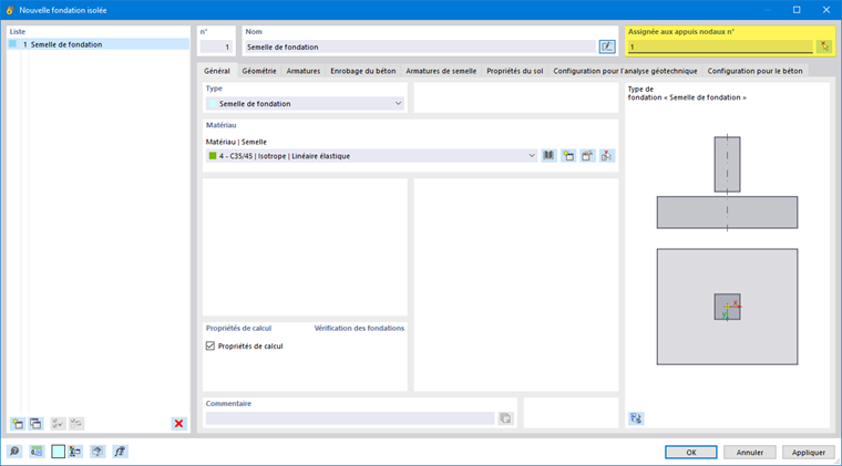 Fondations en béton | Assigner des fondations isolées à un nœud
