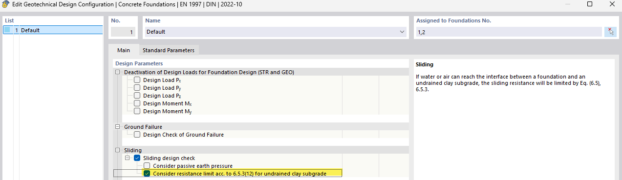 Fondations en béton | Prise en compte de la limite de résistance selon 6.5.3(12) pour un sol argileux non drainé