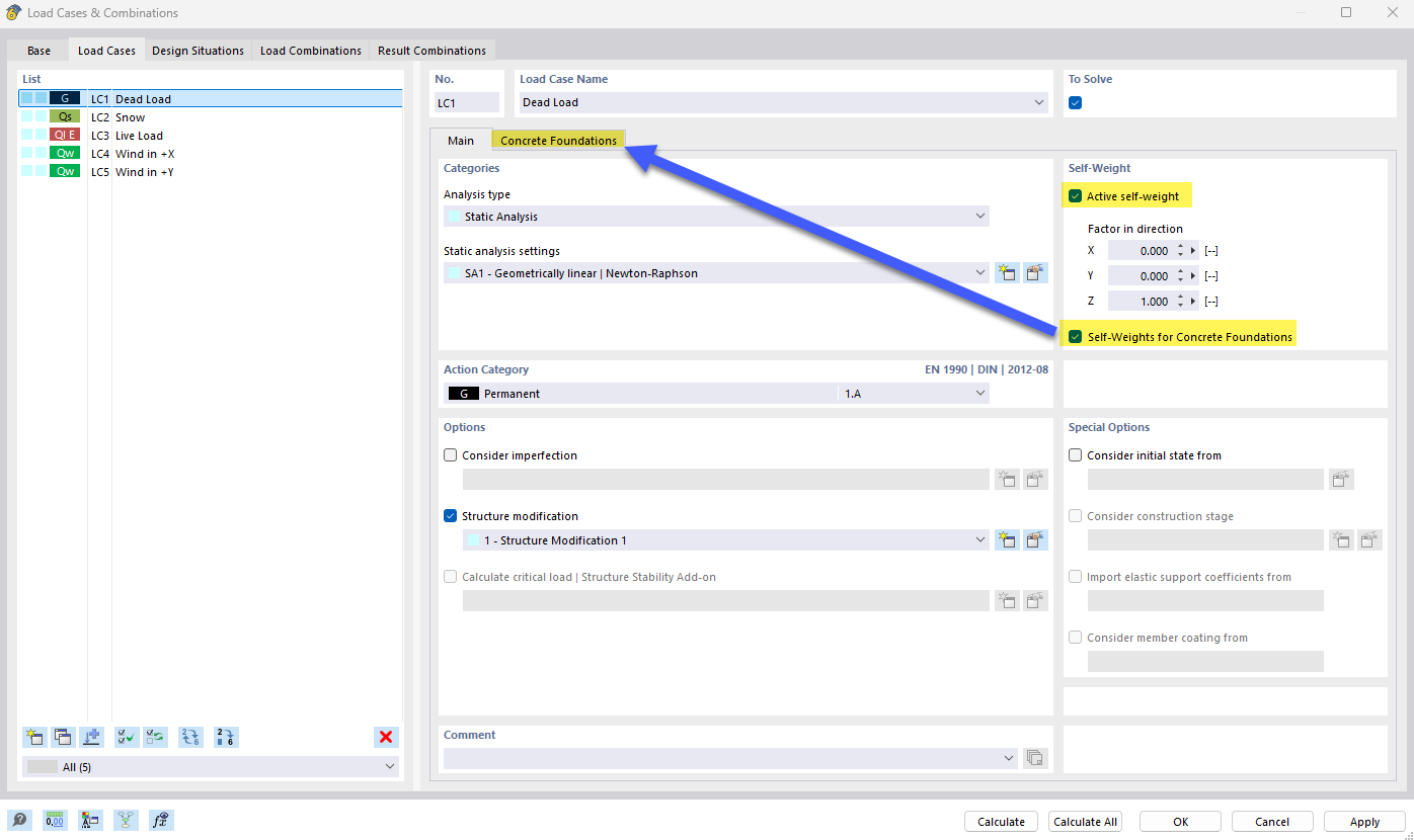 Fondation en béton | Poids propre activé