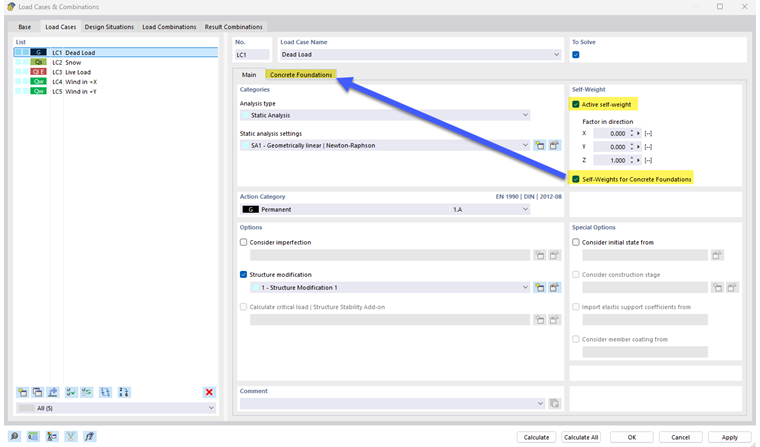 Fondation en béton | Poids propre activé