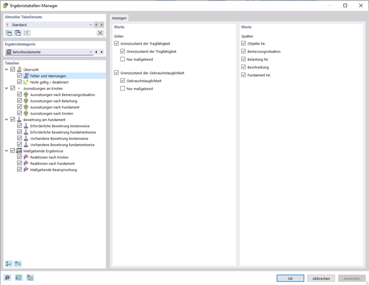 Représentation des fondations en béton et gestion des tables de résultats pour les calculs de structures.