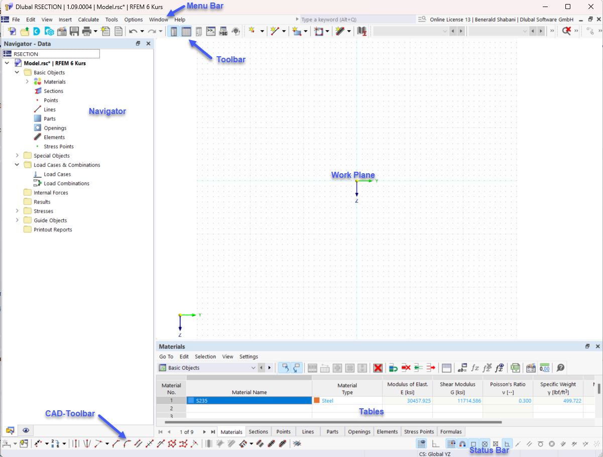 Interface graphique de RSECTION