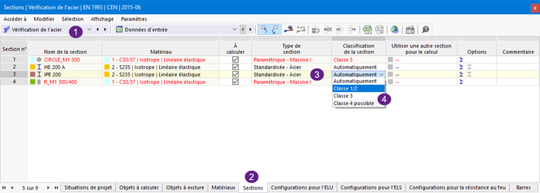 Modifier la classe de section pour la vérification de l’acier