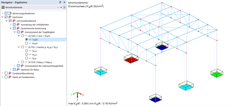 Représentation du calcul de l'armature et de l'analyse des contraintes dans les fondations en béton.