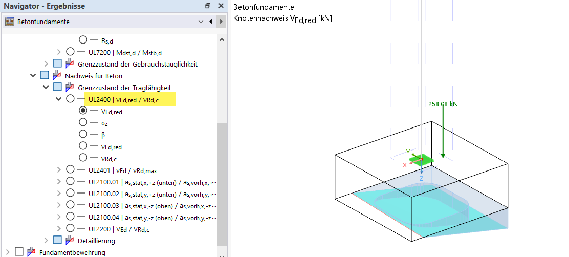 Représentation graphique des fondations en béton avec explication statique et analyses de sections.