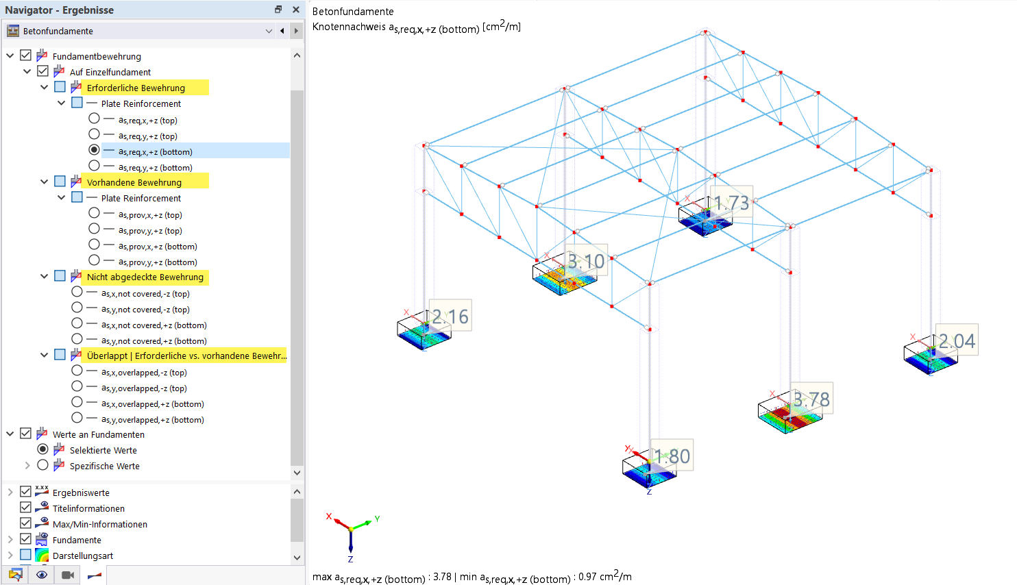 Représentation graphique de la structure en béton avec armature détaillée.