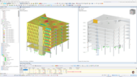 L’image montre un modèle de bâtiment en béton armé présentant les résultats de l'effort tranchant dans les voiles de cisaillement.