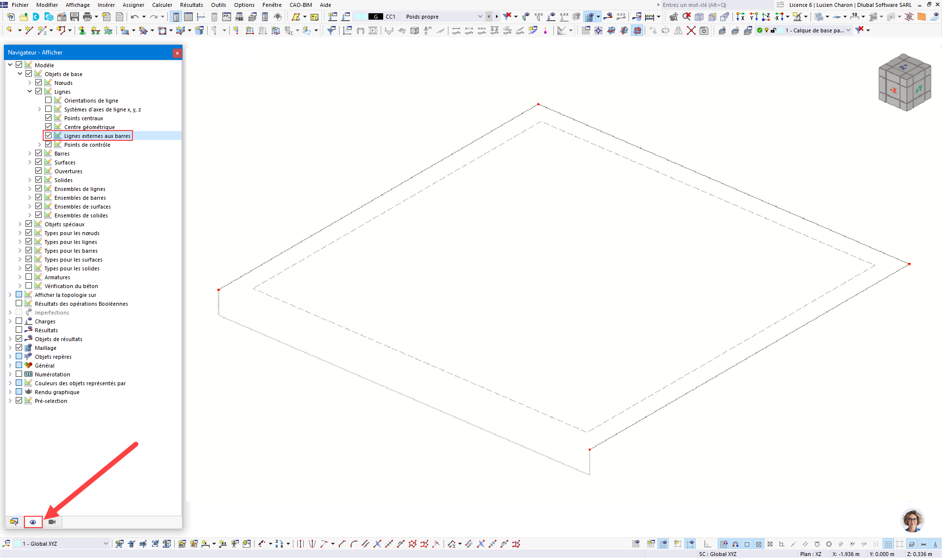 FAQ 005623 | J’ai créé un modèle dans lequel la dalle de plancher est entourée de nervures. Si j’assigne une barre de type nervure à la ligne de contour de la surface et l’aligne au bord inférieur de la surface