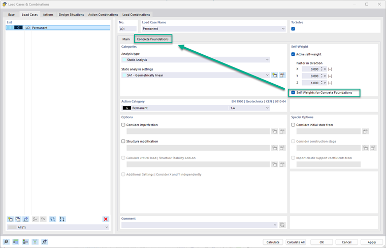 Activer les poids propres pour les fondations en béton