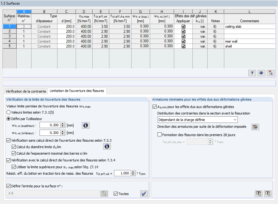 Surfaces pour la méthode de vérification analytique avec limitation de la largeur de fissure dans l’onglet