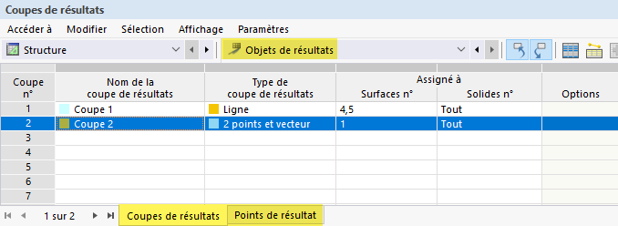 Objets de résultat dans le tableau