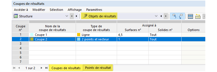 Objets de résultat dans le tableau