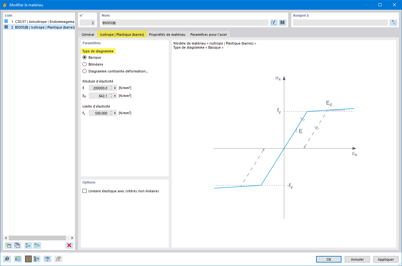 Sélection du type de diagramme pour le module de calcul des flexions plastiques Flaman dans le modèle de matériau isotrope-plastique pour les barres
