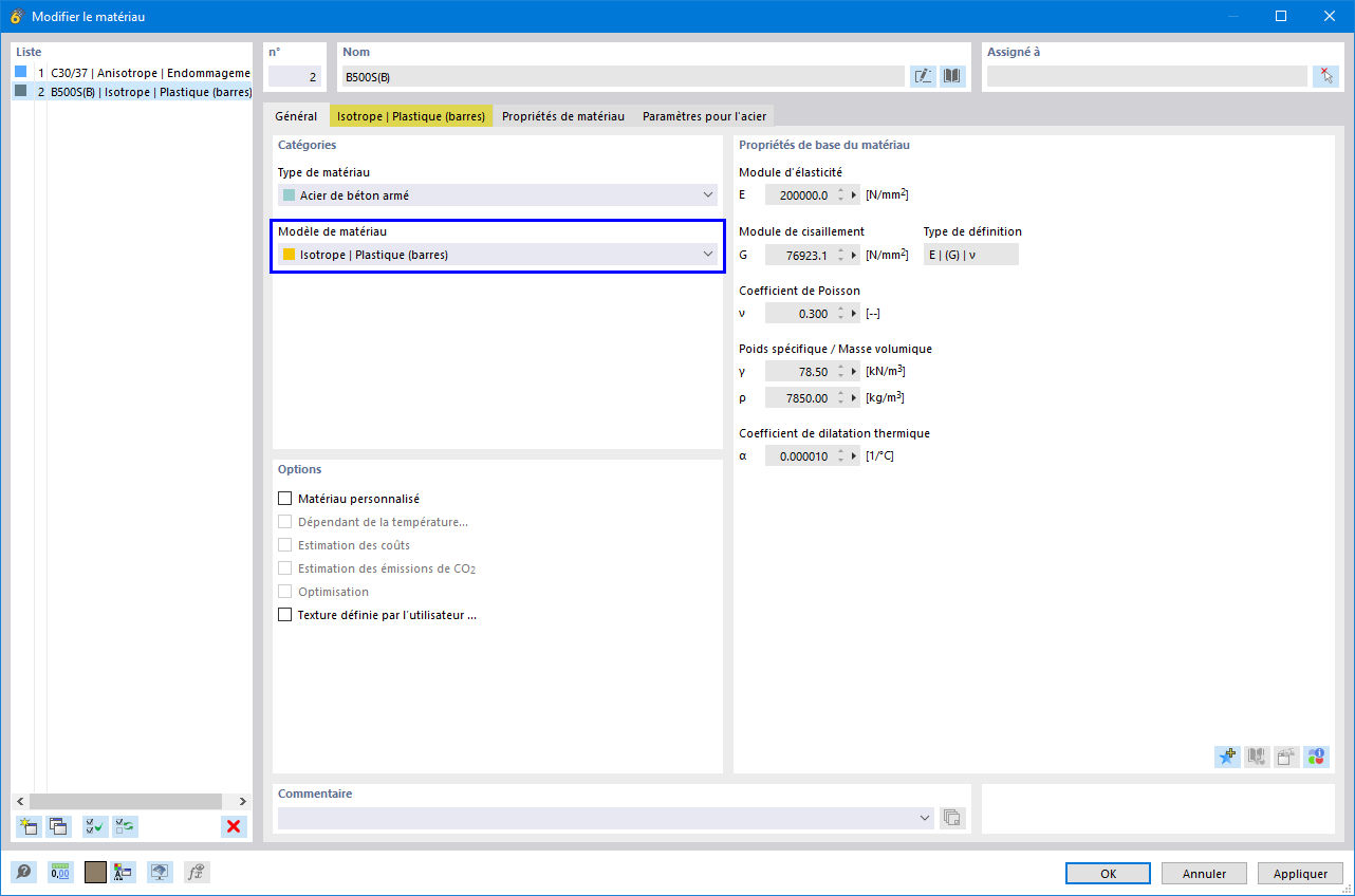 Acier de béton armé avec modèle de matériau « Isotrope | Plastique (barres) » - Image 1/2 : Attribution du modèle de matériau