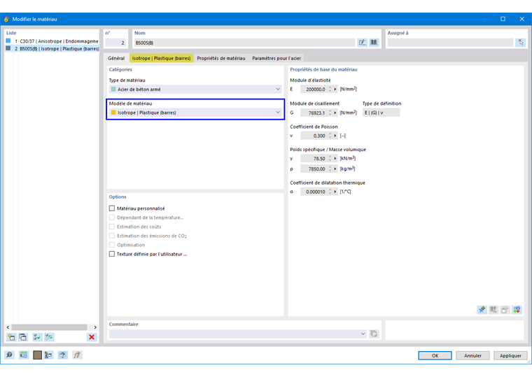 Acier de béton armé avec modèle de matériau « Isotrope | Plastique (barres) » - Image 1/2 : Attribution du modèle de matériau