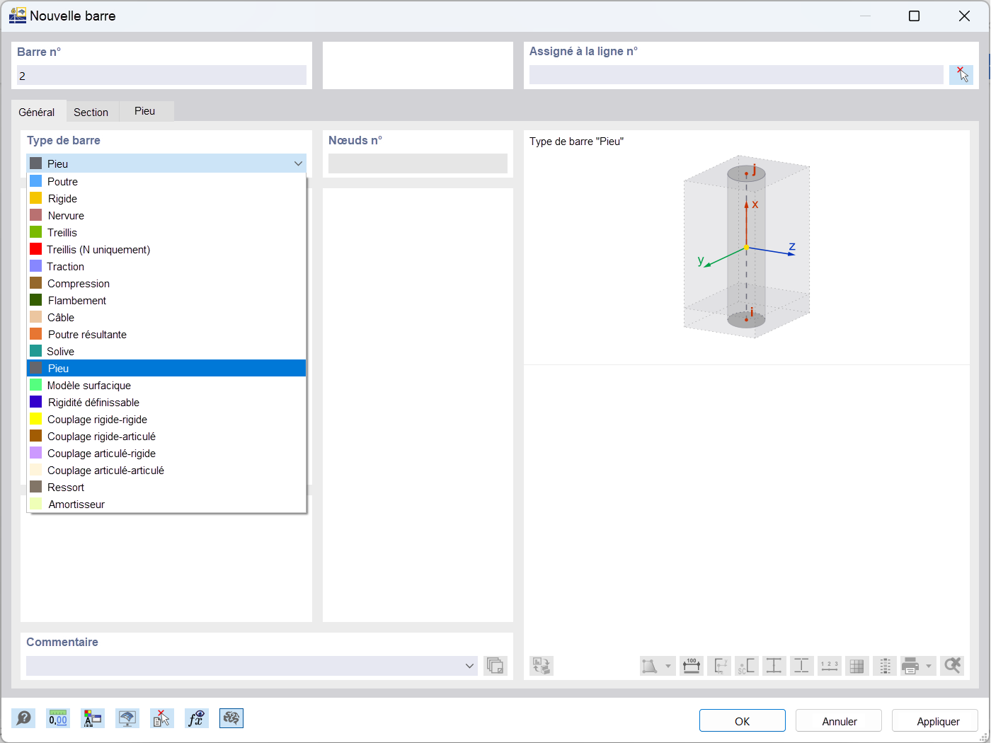 Interface affichant la sélection du type de barre pieu dans un logiciel de calcul de structure