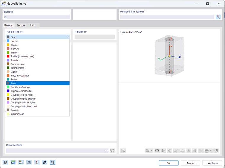 Interface affichant la sélection du type de barre pieu dans un logiciel de calcul de structure