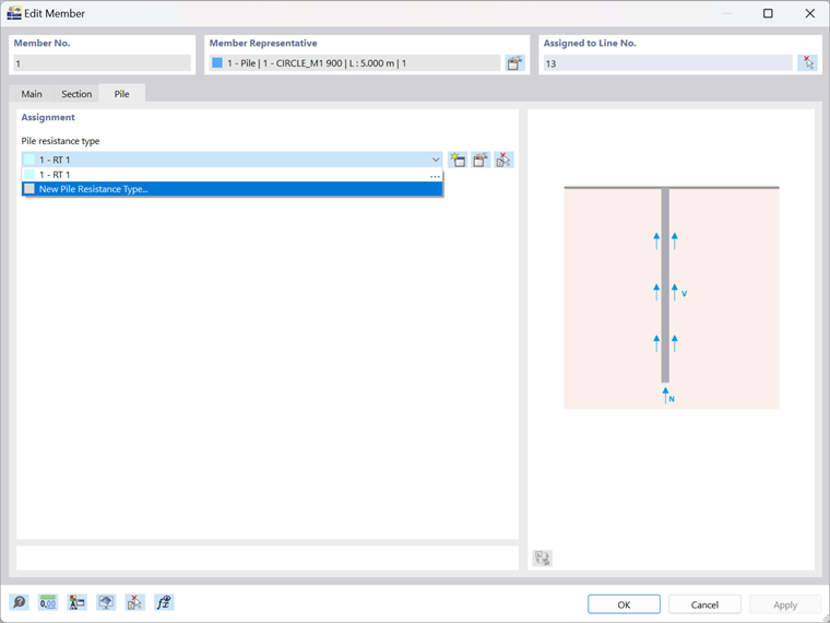 Interface montrant la sélection du type de résistance du pieu dans un logiciel d’ingénierie