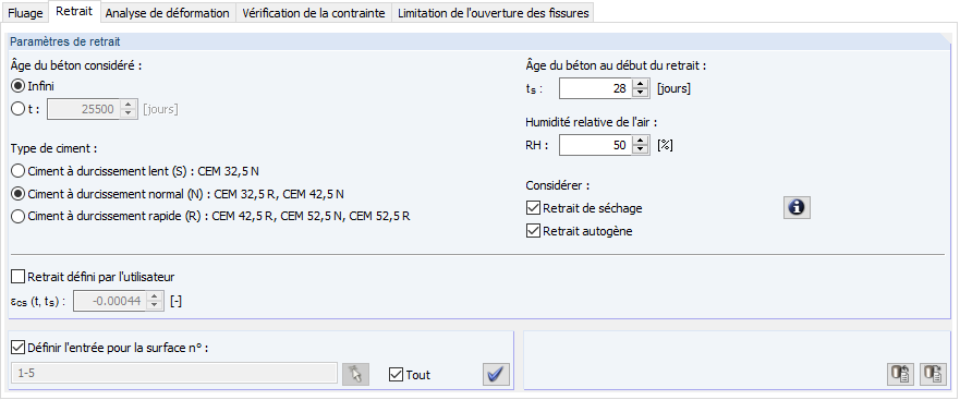 Boîte de dialogue 1.3 avec onglet Surfaces et Retrait