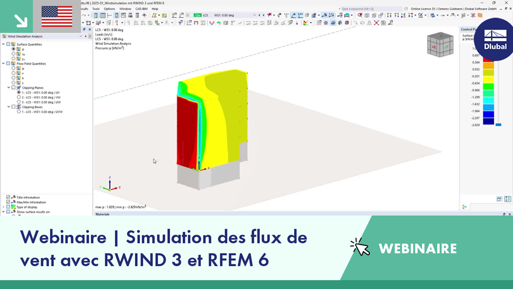 Webinar graphic featuring wind simulation with RWIND 3 and RFEM 6 technologies.