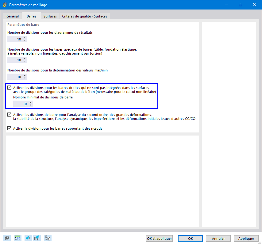Division de barres pour l’analyse non linéaire de barres en béton armé | Maillage et paramètres proposés