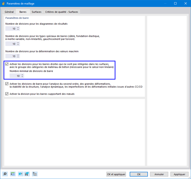 Division de barres pour l’analyse non linéaire de barres en béton armé | Maillage et paramètres proposés