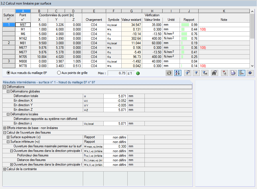 Vue de la boîte de dialogue de saisie pour le calcul non linéaire des éléments structurels par surface