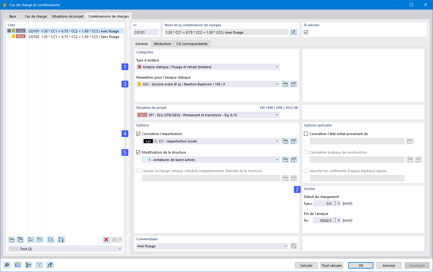 Image montrant une analyse non-linéaire selon l’EN 1992-1-1 5.8.6 avec des imperfections du béton, fluage, TIIO et modification structurelle.