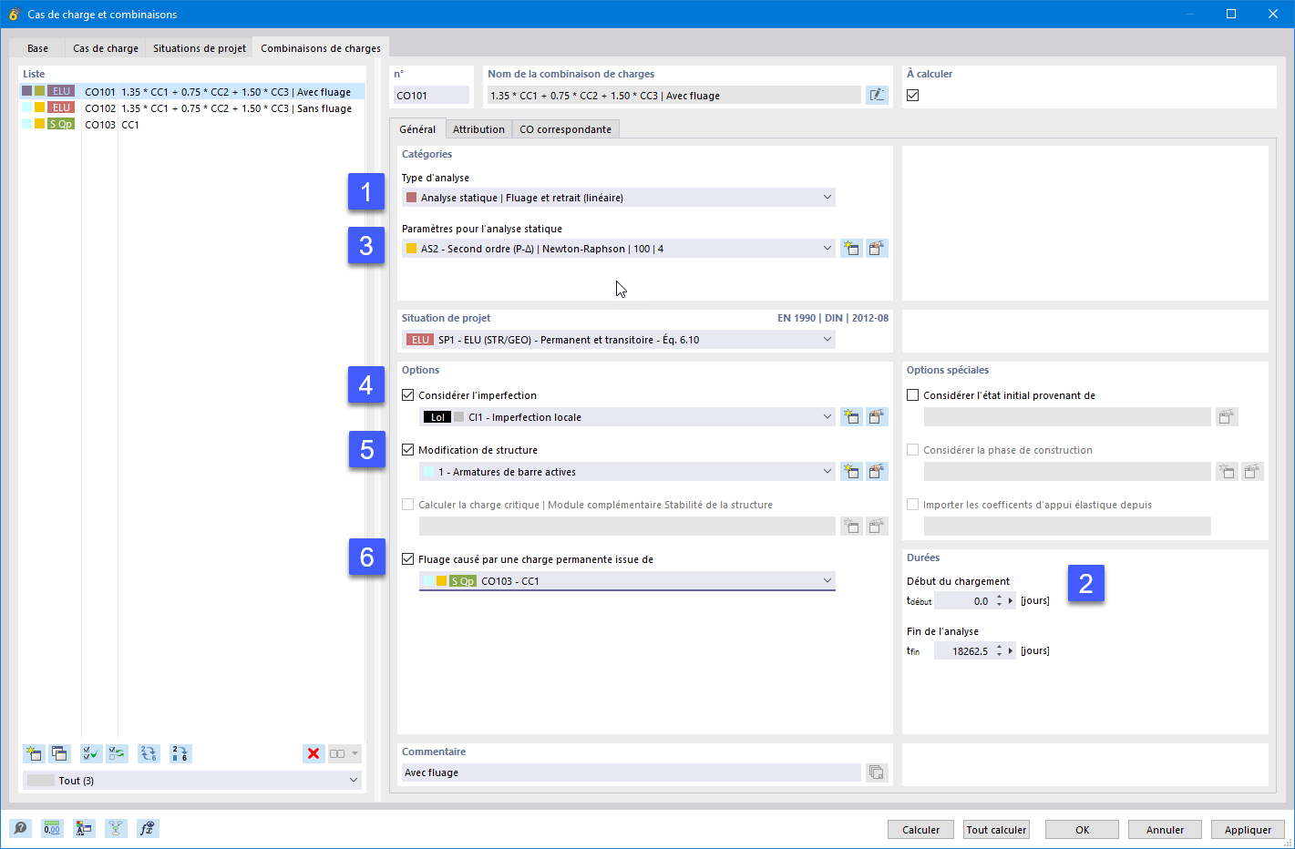 Image montrant une analyse non-linéaire selon l’EN 1992-1-1 5.8.6 avec des imperfections du béton, fluage, TIIO et modification structurelle.
