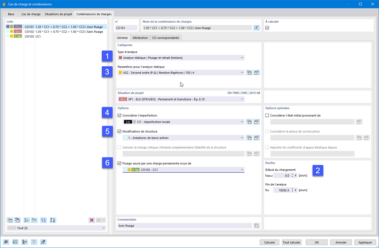 Image montrant une analyse non-linéaire selon l’EN 1992-1-1 5.8.6 avec des imperfections du béton, fluage, TIIO et modification structurelle.