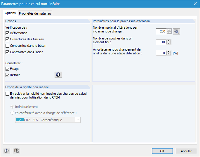 Boîte de dialogue du logiciel pour le calcul non linéaire avec l’onglet Propriétés des matériaux activé et divers champs de saisie.