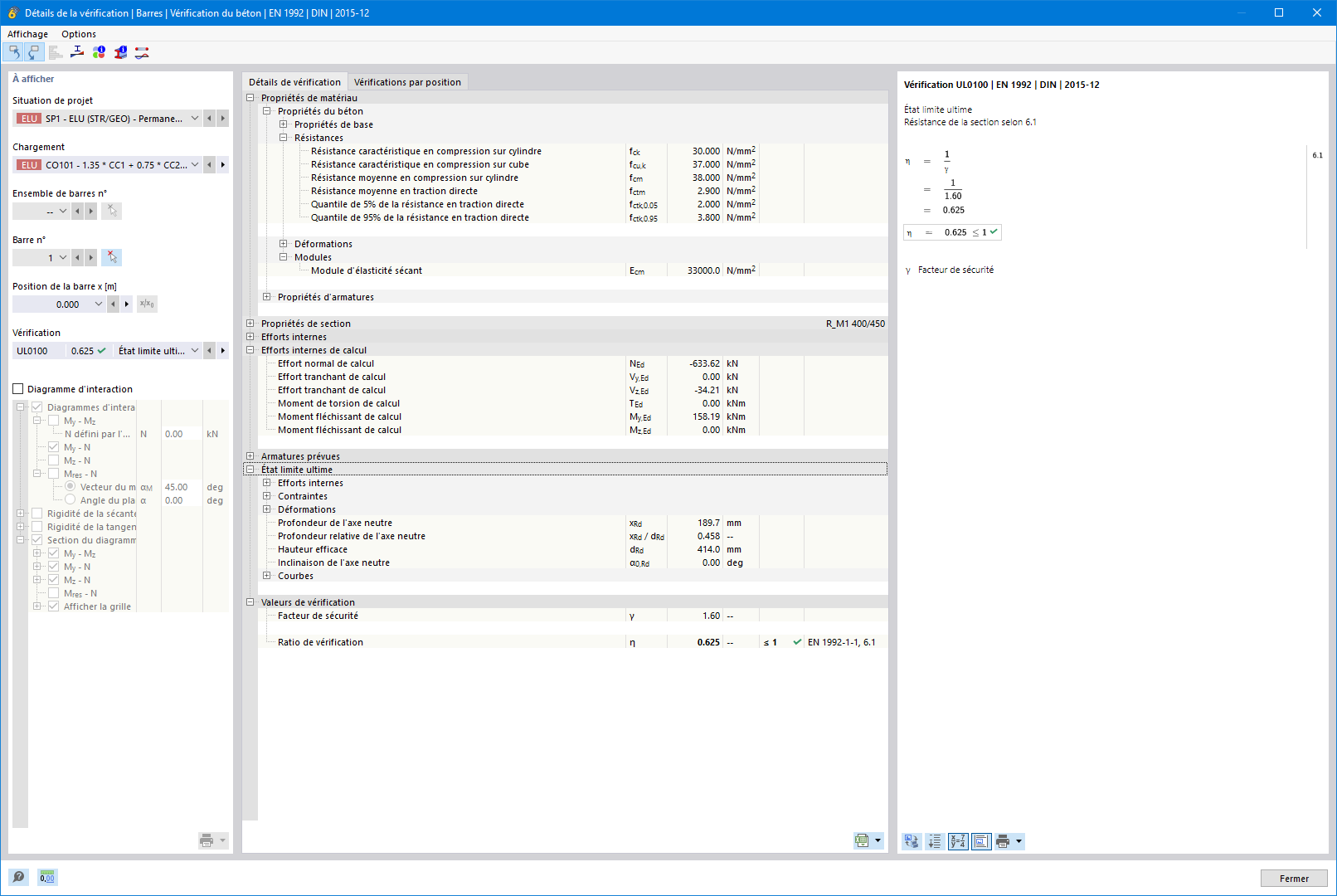 Résultats vérification du béton et capacité de section, UL0100, Fluage, Non linéaire