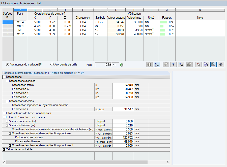 Capture d’écran de la boîte de dialogue pour le contrôle des calculs globaux non linéaires
