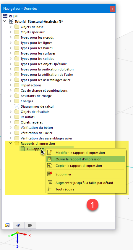 Menu contextuel pour sélectionner des fonctions de rapport, d’impression multiple et de synchronisation d’images dans le Navigateur de données