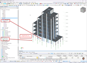 L’image montre le prédimensionnement d’un bâtiment avec un couplage de nœuds de type diaphragme dans RFEM 6.