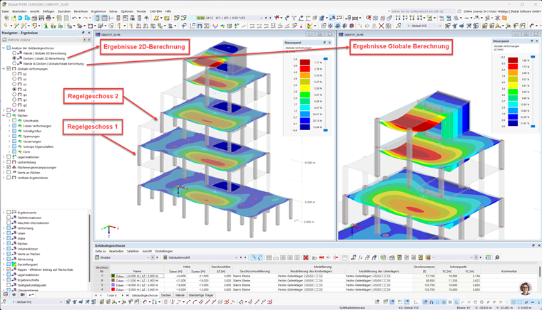 FAQ 005651 | Diagramme des résultats issus du calcul 2D et global avec modélisation des étages et couplage des nœuds de type diaphragme