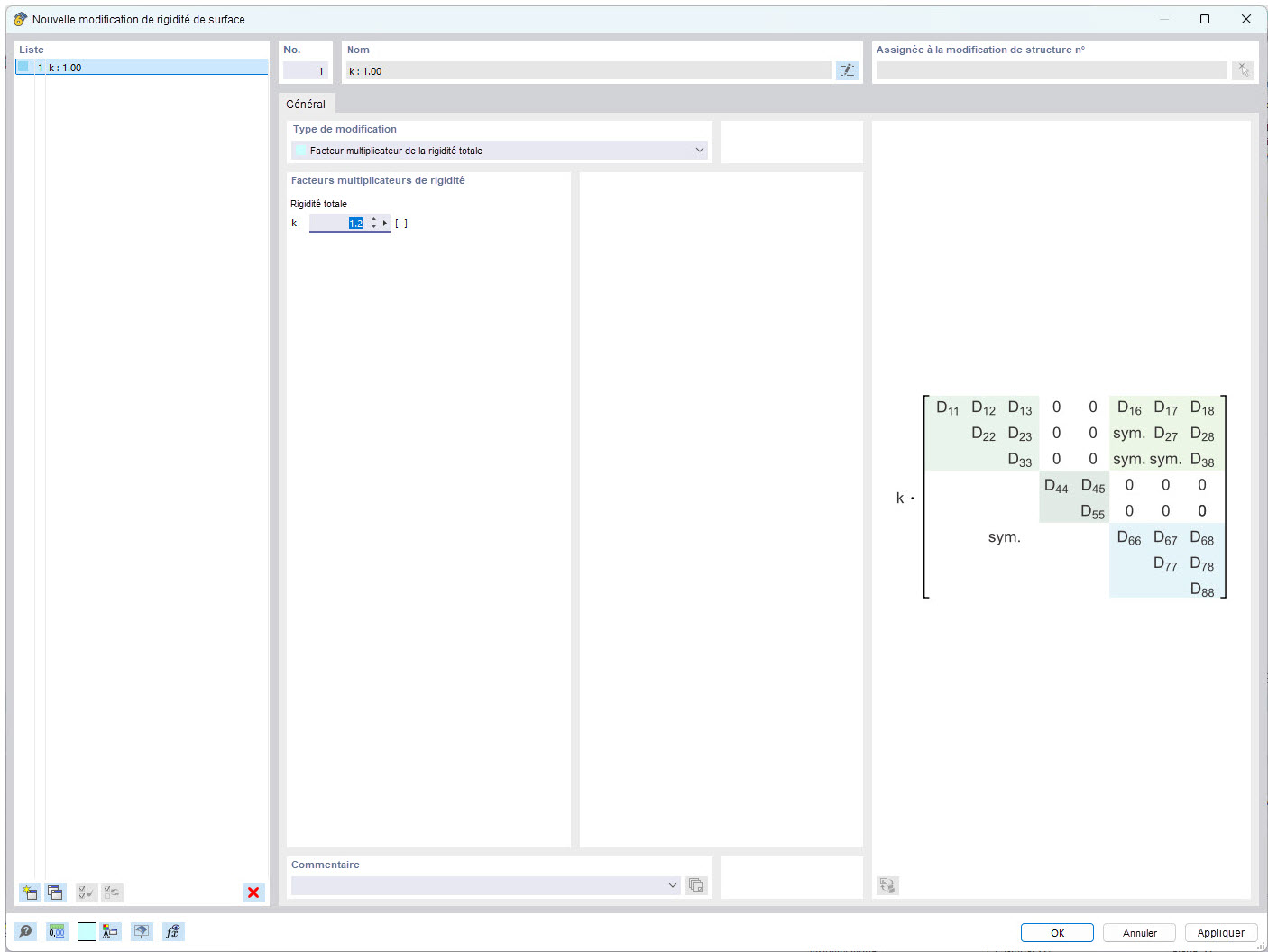 Fenêtre de modification de la rigidité de surface dans RFEM 6 avec multiplicateur de rigidité unique