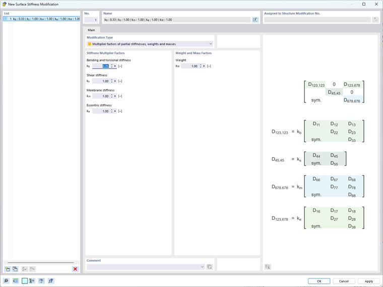 Fenêtre RFEM 6 pour modifier la rigidité de surface avec les multiplicateurs de matrice